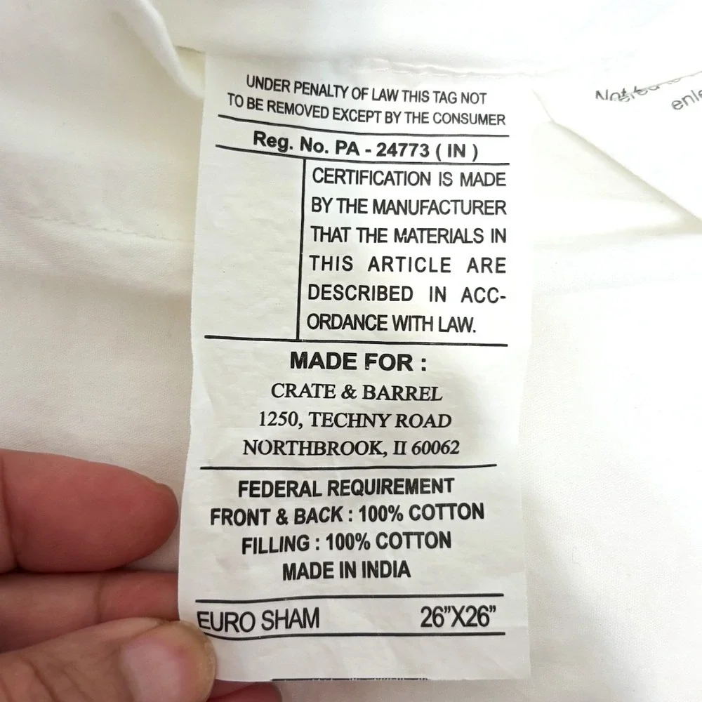 Crate & Barrel Fiona Quilted Euro Sham 26x26 White Cotton Set of 2 Textured